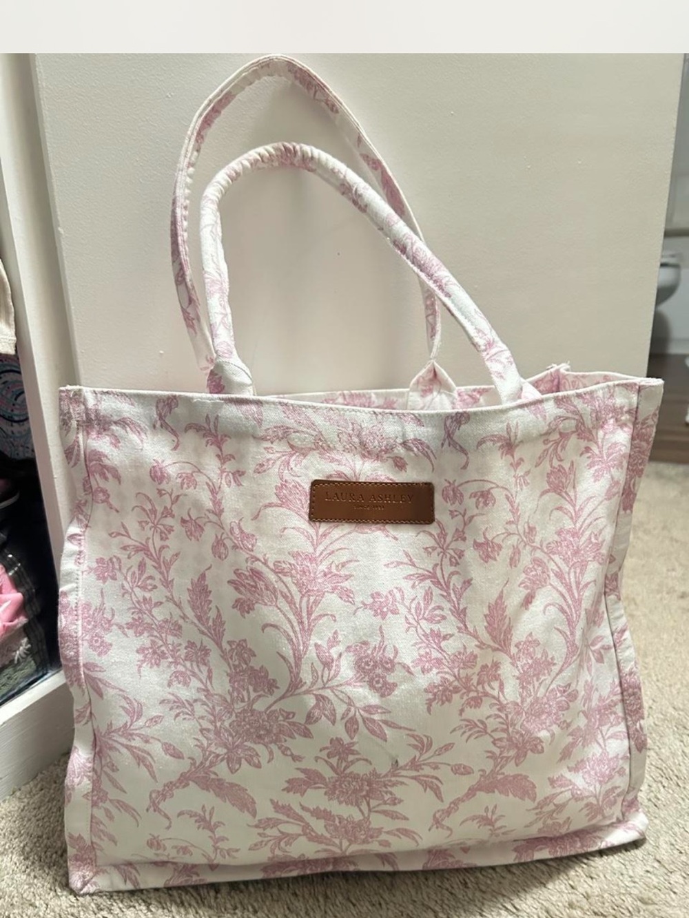 Laura Ashley Cream and Pink Floral Canvas Tote